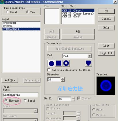 分析文件完成后，點擊菜單Setup→Pad Stacks調出焊盤堆設置窗口，將Pad Stack Type改為Via