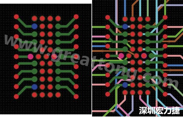圖7：焊盤內過孔用于內部，而外部接腳在0.5mm閘格上扇出。圖7a顯示的是頂層(左)；圖7b顯示頂層和內部布線層(右)。