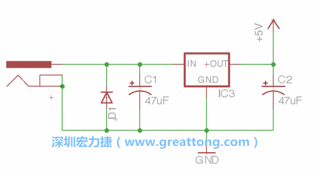 新增RBBB→Power_Jack，將它放在電壓調整器的輸入端旁邊。