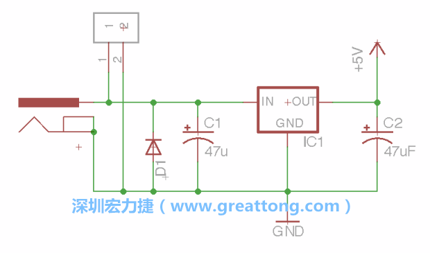 2.5.    新增一個二極體，它會以水平的狀態出現在屏幕上，請使用「旋轉（Rotate）」工具把它負極那一面朝上，并且用「網絡連接」工具將它連接在電壓調整器的輸入端和接地端之間。