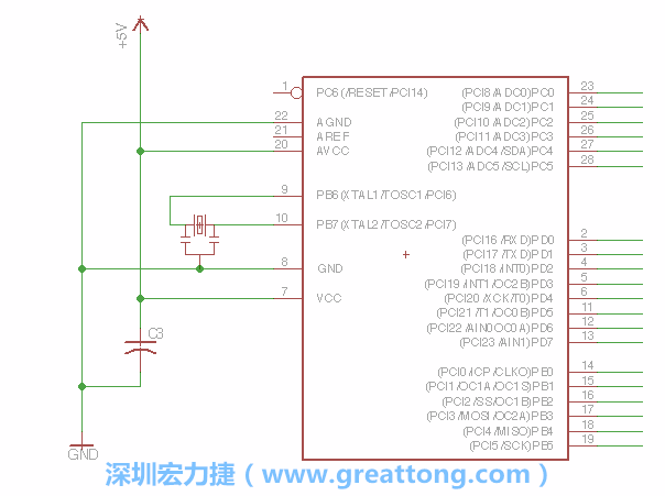 3.2.    在靠近ATmega的電源供應針腳7的位置放置一個0.1μF的電容，將它分別連接電源、接地端和針腳7。