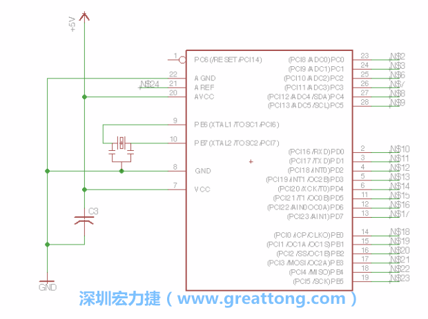 3.3.    將共鳴器（resonator）放置在針腳9和針腳10附近，將它的三個針腳連接如圖所示，并確認最中間的針腳有連到接地端。